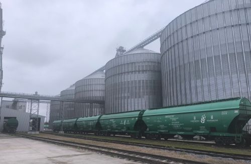 Власні залізничні вагони «Контінентал Фармерз Груп» для завантаження зерна біля елеватора 