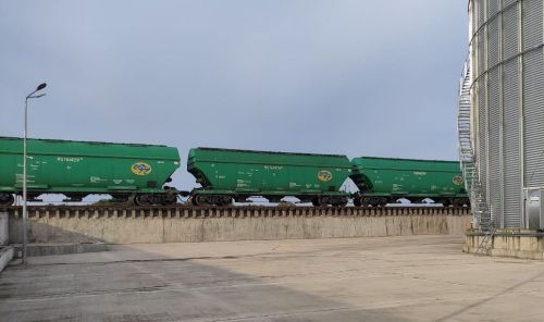 Вагони-зерновози на залізничній колії біля елеватора