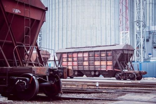 Вагони-зерновози АТ «Укрзалізниця» біля елеватора