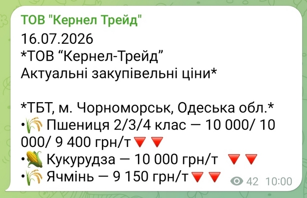 Актуальні ціни з чат-боту Кернел станом на 16 липня