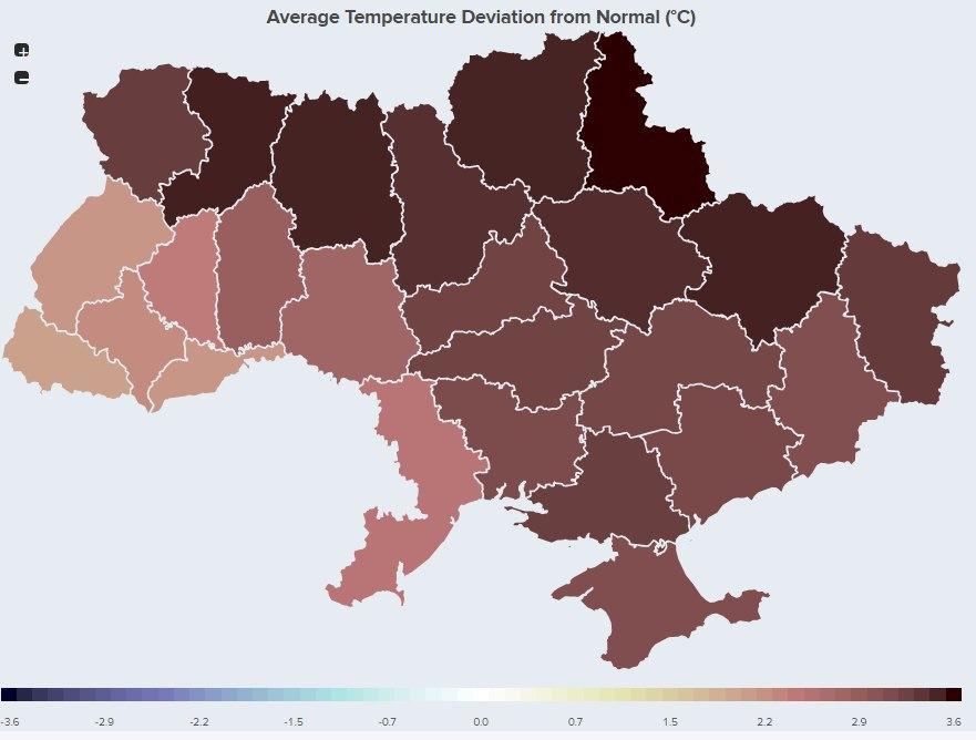 Отклонение средней температуры в Украине от нормы (°C)